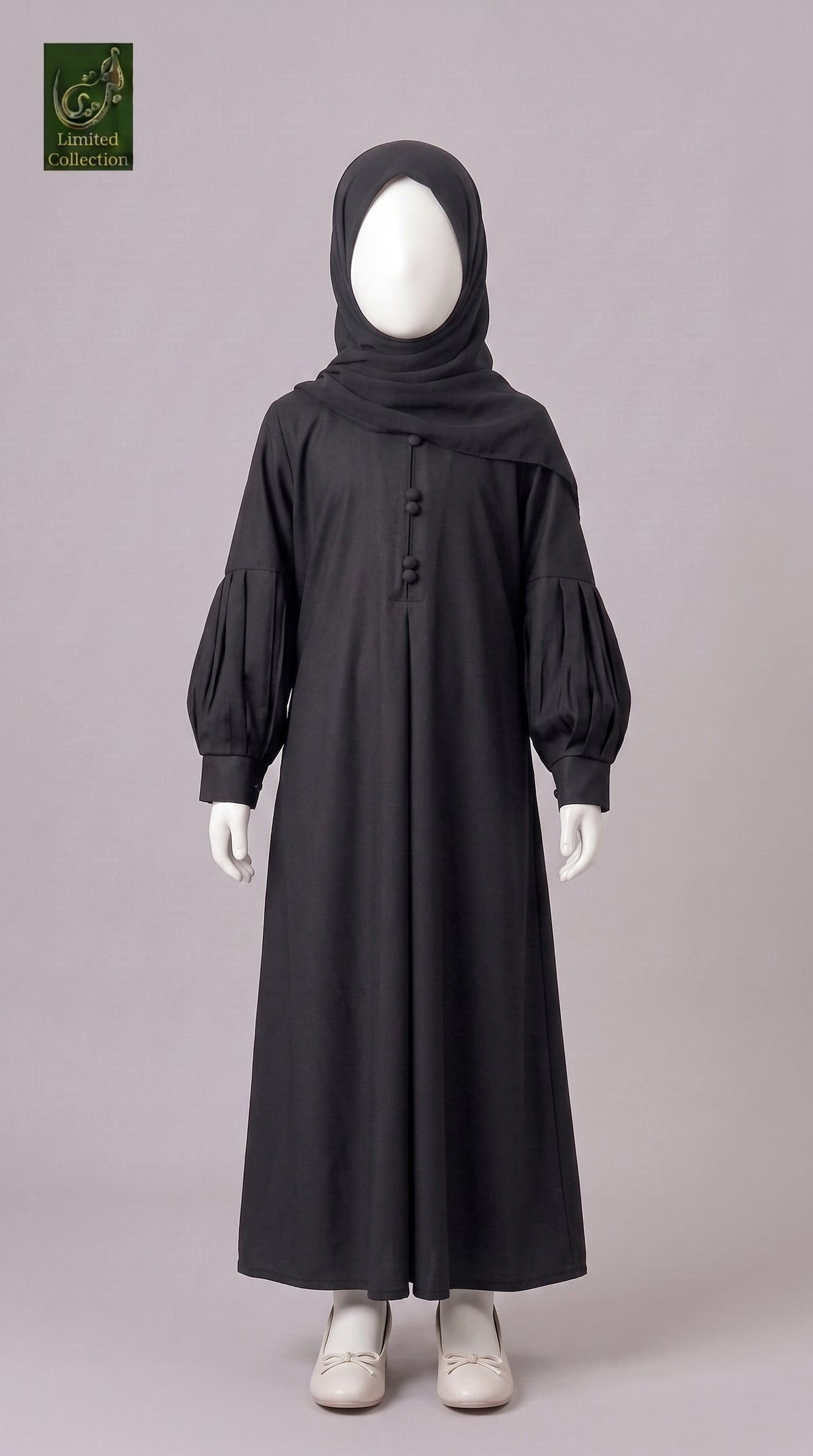 Kids Front-Closed Maxi Abaya with Pleated Sleeves | Premium Nida Black Balloon Sleeves Kids Abaya