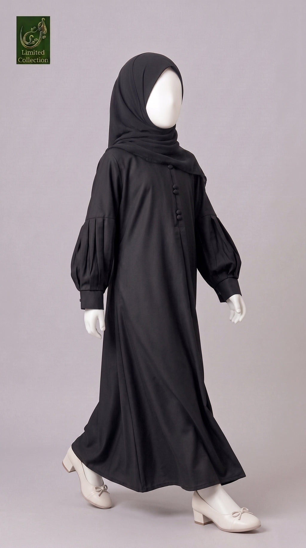 Kids Front-Closed Maxi Abaya with Pleated Sleeves | Premium Nida Black Balloon Sleeves Kids Abaya