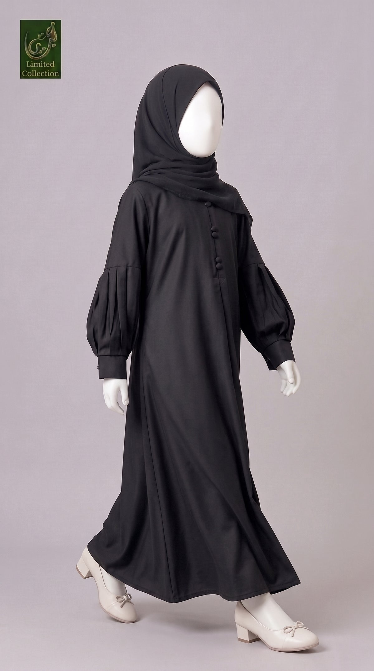 Kids Front-Closed Maxi Abaya with Pleated Sleeves | Premium Nida Black Balloon Sleeves Kids Abaya