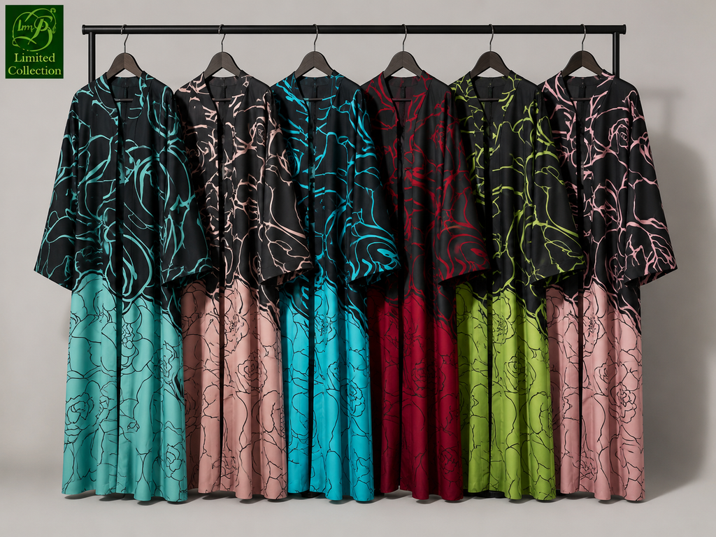 Six women's Two-Toned Rose Line Printed Front-Open Abayas hanging on a black clothing rack against a neutral gray wall. Each dress features a black base with a vibrant floral line-art print in various colors including teal, pink, red, green, and lavender.
