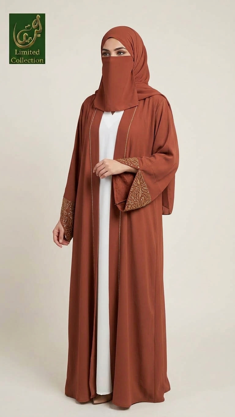 Front-Open Stonework Kimono Abaya with Separate Inner & Scarf | Premium Chiffon Stone-Studded 3 pc Set Abaya+Inner+Scarf