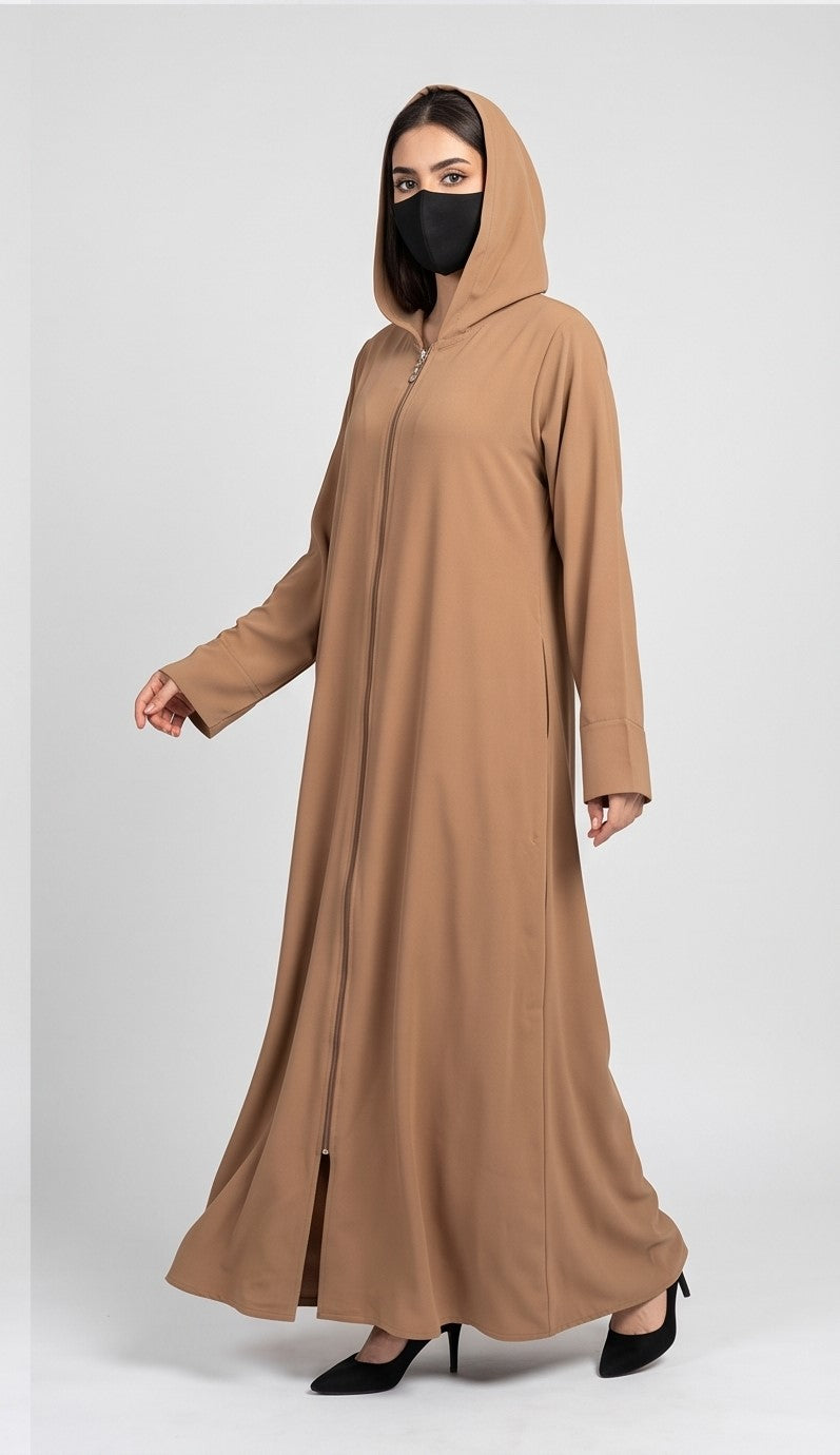 Front-Open Self Printed Hooded Abaya with Pockets | Premium Jacquard Hoodie Abaya