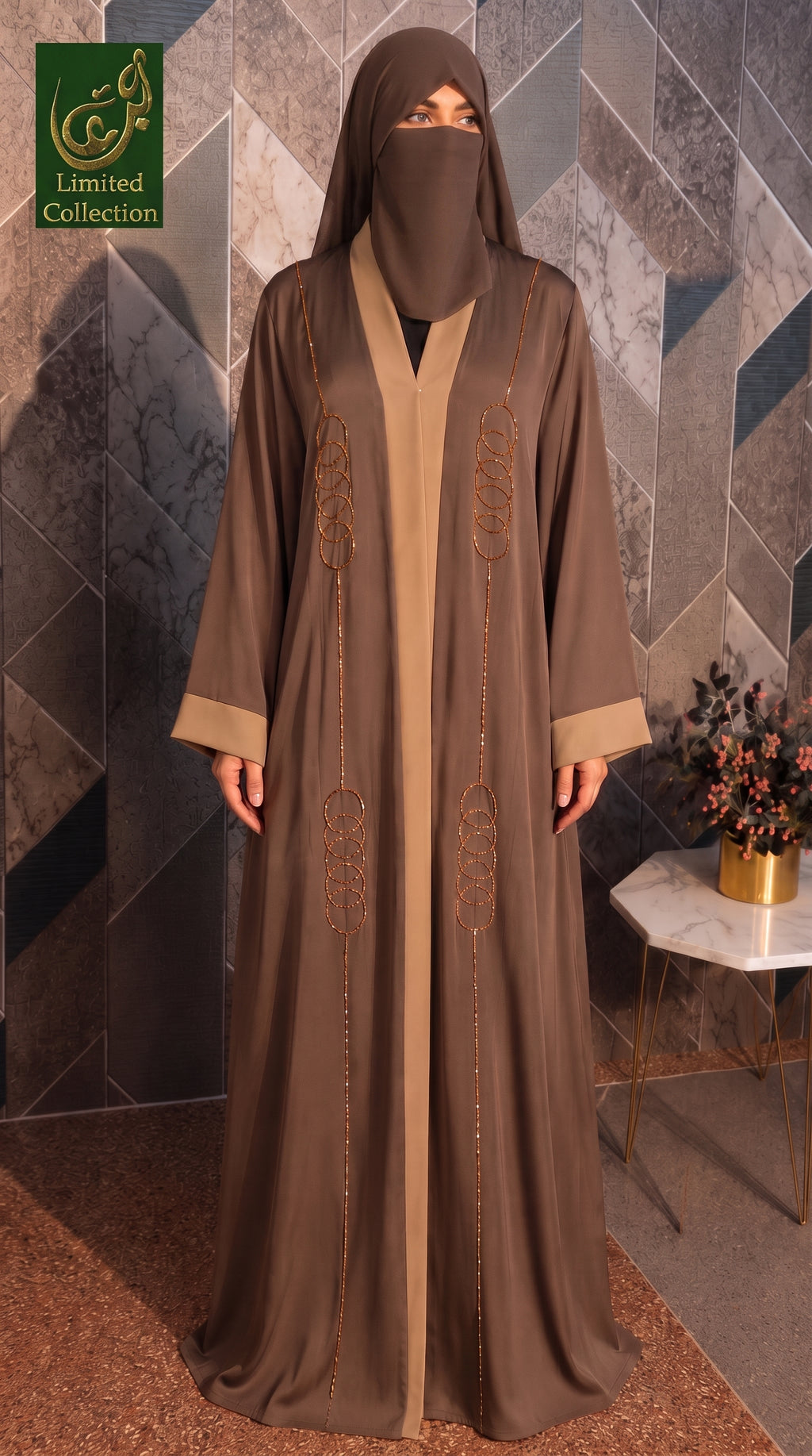 Front-Open Contrast Handwork Abaya | Premium Romantic Nida Abaya with Cutdana Embellishment