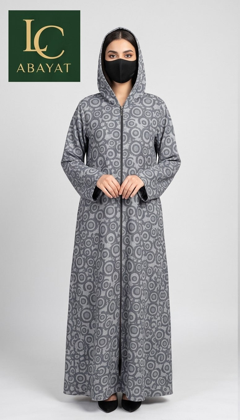 Front-Open Self Printed Hooded Abaya with Pockets | Premium Jacquard Hoodie Abaya