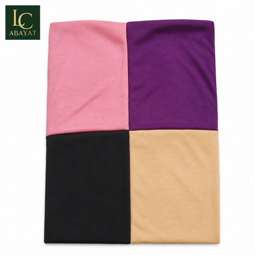 Four folded fabric swatches arranged in a 2x2 grid: pink, purple, black, and beige, with an LC ABAYAT logo in the top-left corner on a white background.