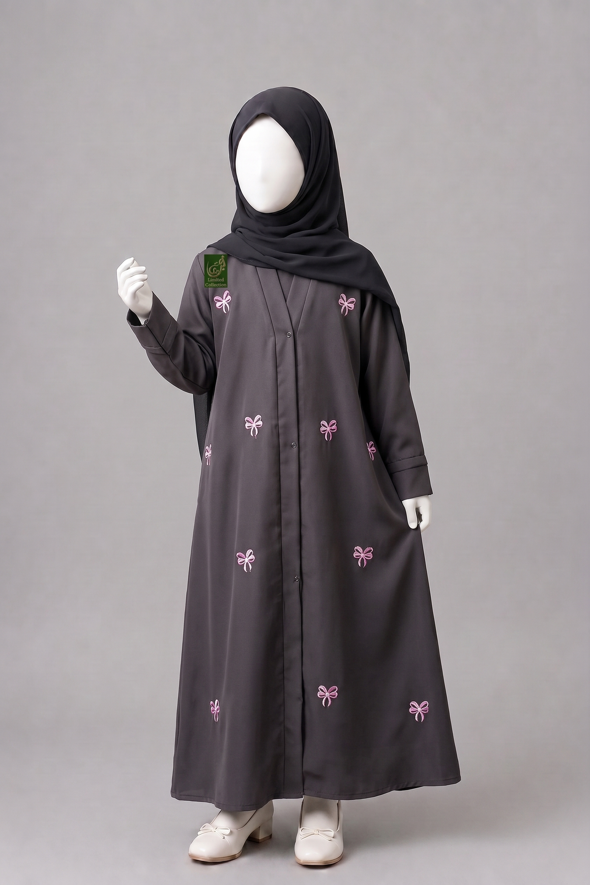 Kids Front-Open Bow Embroidered Abaya | Premium Nida Colorful Embroidered Abayas for Kids