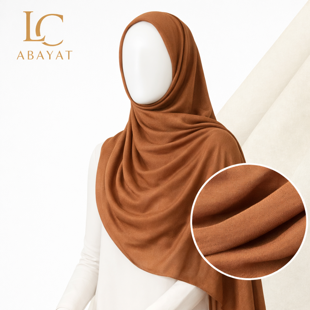 A brown hijab draped on a white mannequin, with a circular inset showing the fabric texture and the LC ABAYAT logo in the top left corner.