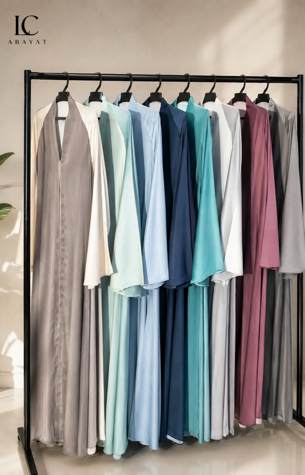 A black clothing rack displaying a collection of long, flowing front-open abaya in multiple colors, including taupe, cream, mint, light blue, navy, teal, white, dusty pink, and gray. The brand logo 'LC ABAYAT' is visible in the top left corner.