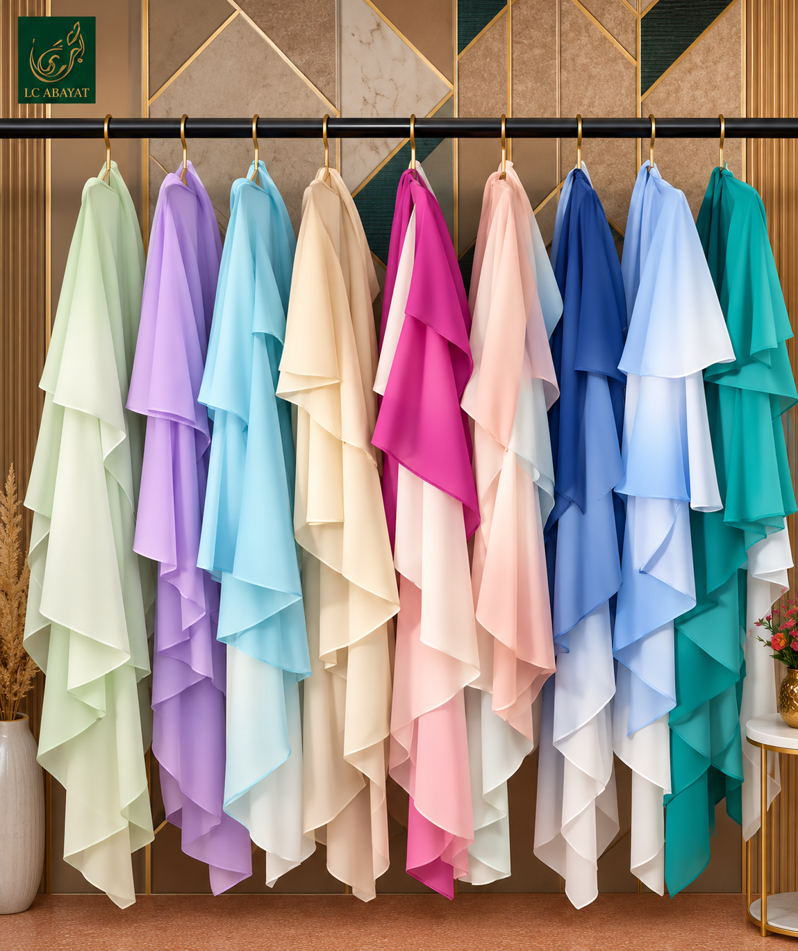 Nine colorful, tiered chiffon or lightweight fabric Khimars with niqab are displayed on a black clothing rack against a decorative gold and brown geometric wall. The khimars come in a variety of pastel and bright colors including mint green, lavender, light blue, cream, magenta, blush pink, royal blue, white, and teal.
