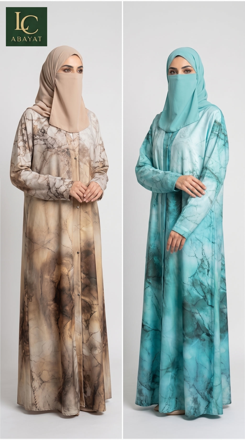 Models standing against a studio backdrop wearing beautidul front-open marble printed abayas in camel brown and aqua blue shades.