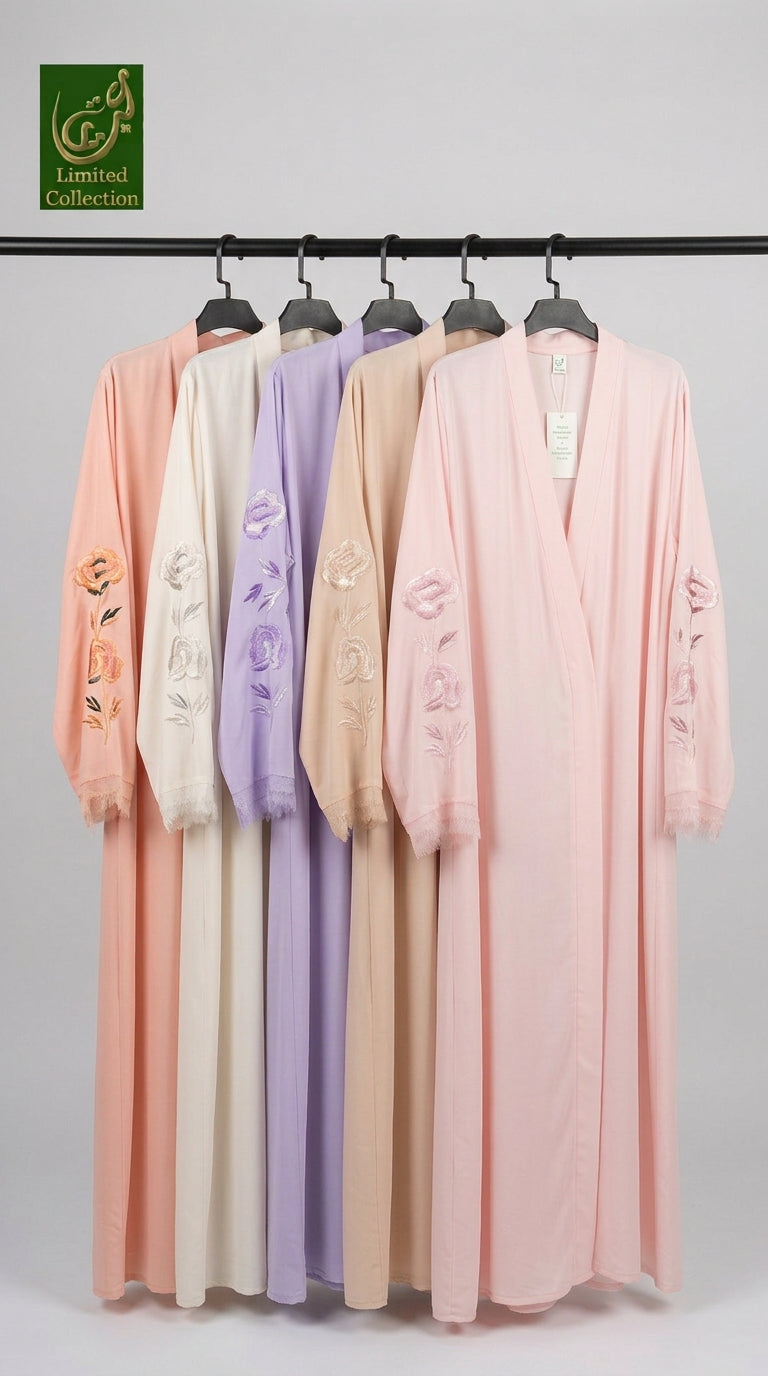 Five long, lightweight open-front stone work abayas hang on a black clothing rack against a light gray studio background. From left to right, the colors are peach, off-white, lavender, beige, and soft pink.