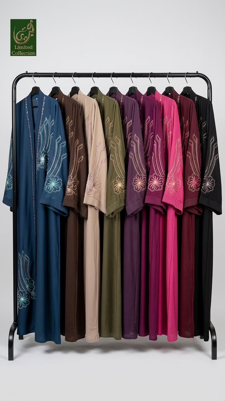 A black clothing rack displaying a collection of long-sleeved Blossom Stone Embroidery abayas in multiple colors, including navy blue, brown, olive green, purple, magenta, and black. Each robe features white floral embroidery on the sleeves.