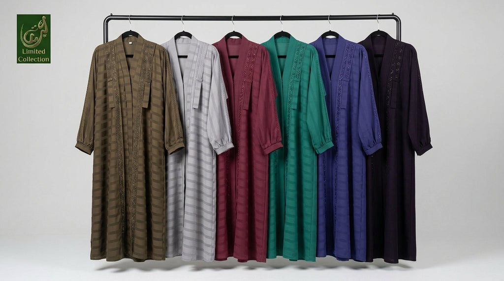 Six long-sleeve Zoom_Self_striped_tie style abayas with stonework in various colors (brown, gray, burgundy, green, blue, and black) are displayed on a black clothing rack against a light gray background. A green 'Limited Collection' logo is visible in the top-left corner.