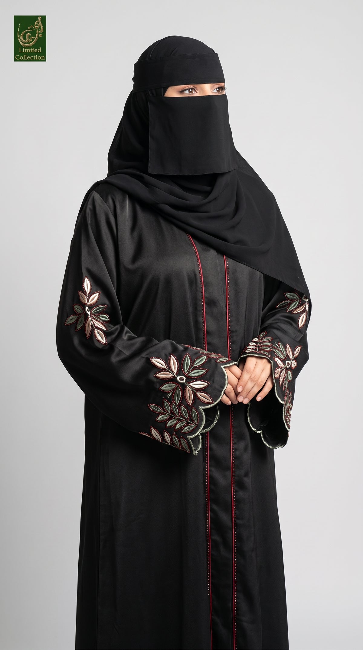 Front-Open Abaya With Contrast Stone Embroidered Cuffs | Premium Nida Stonework Abaya
