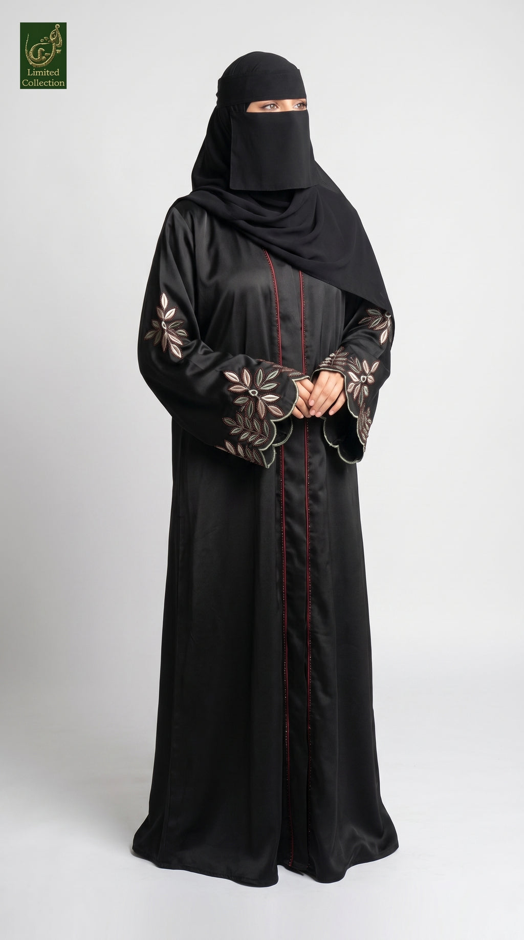 Front-Open Abaya With Contrast Stone Embroidered Cuffs | Premium Nida Stonework Abaya