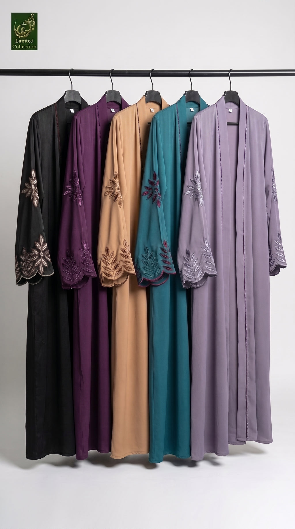 Front-Open Abaya With Contrast Stone Embroidered Cuffs | Premium Nida Stonework Abaya