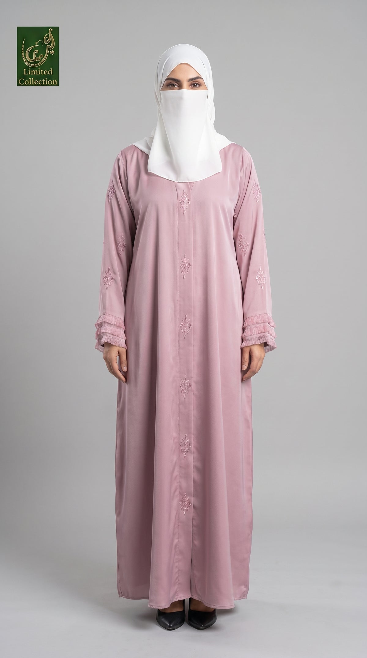 Front-Open Abaya with Fleur-De-Lis Cutdana Motifs | Premium Romantic Nida Handcrafted Cutdana Abaya