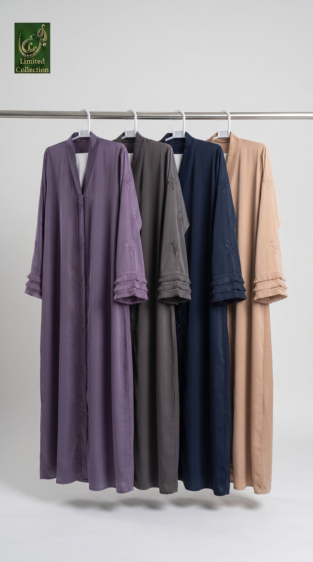 Front-Open Abaya with Fleur-De-Lis Cutdana Motifs | Premium Romantic Nida Handcrafted Cutdana Abaya
