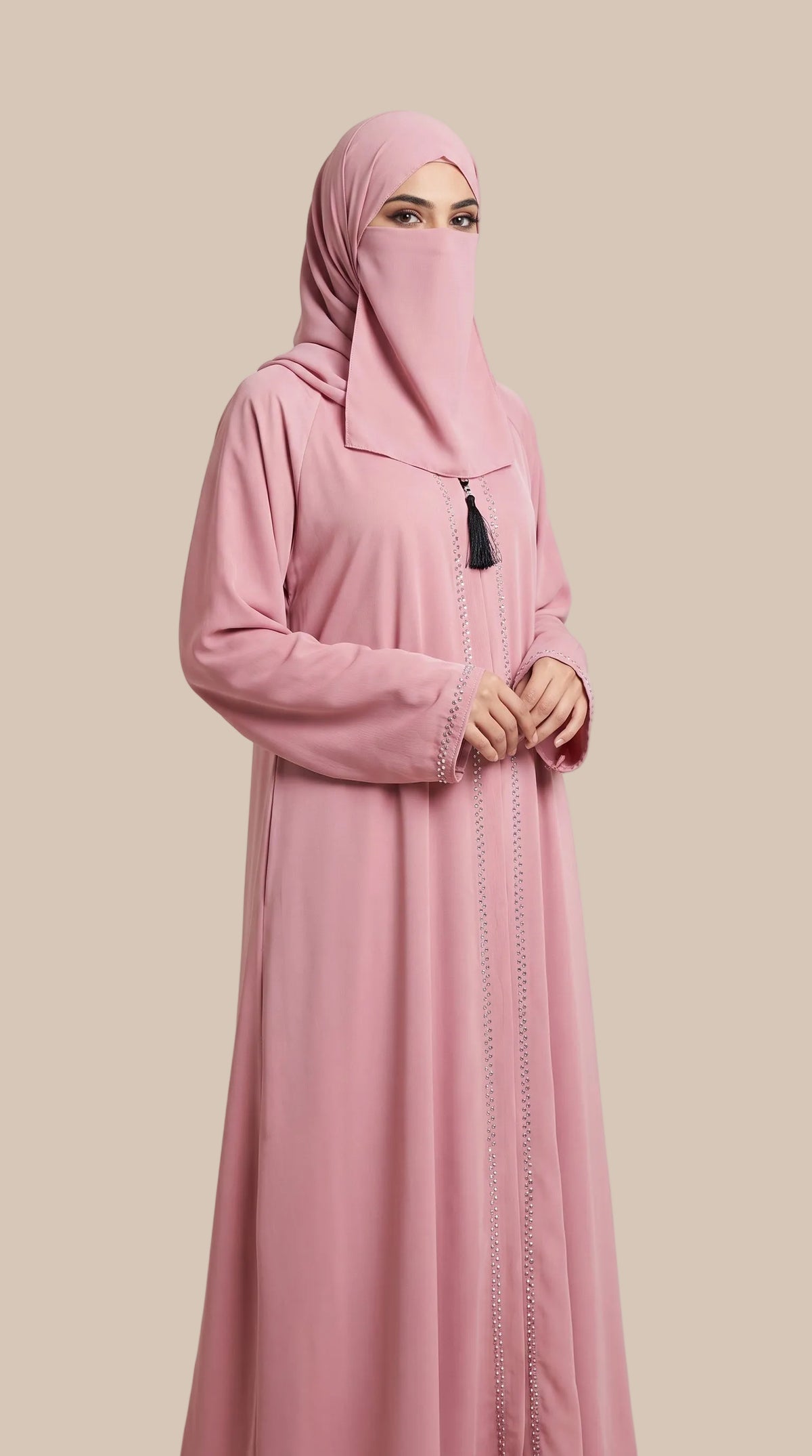 Front-Open Tassel Stonework Abaya | Premium Romantic Nida Colored Stonework Abaya