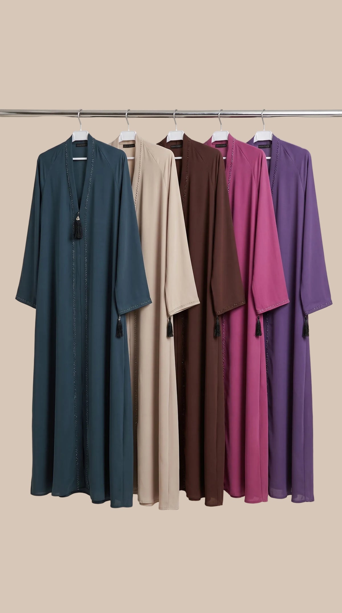 Front-Open Tassel Stonework Abaya | Premium Romantic Nida Colored Stonework Abaya