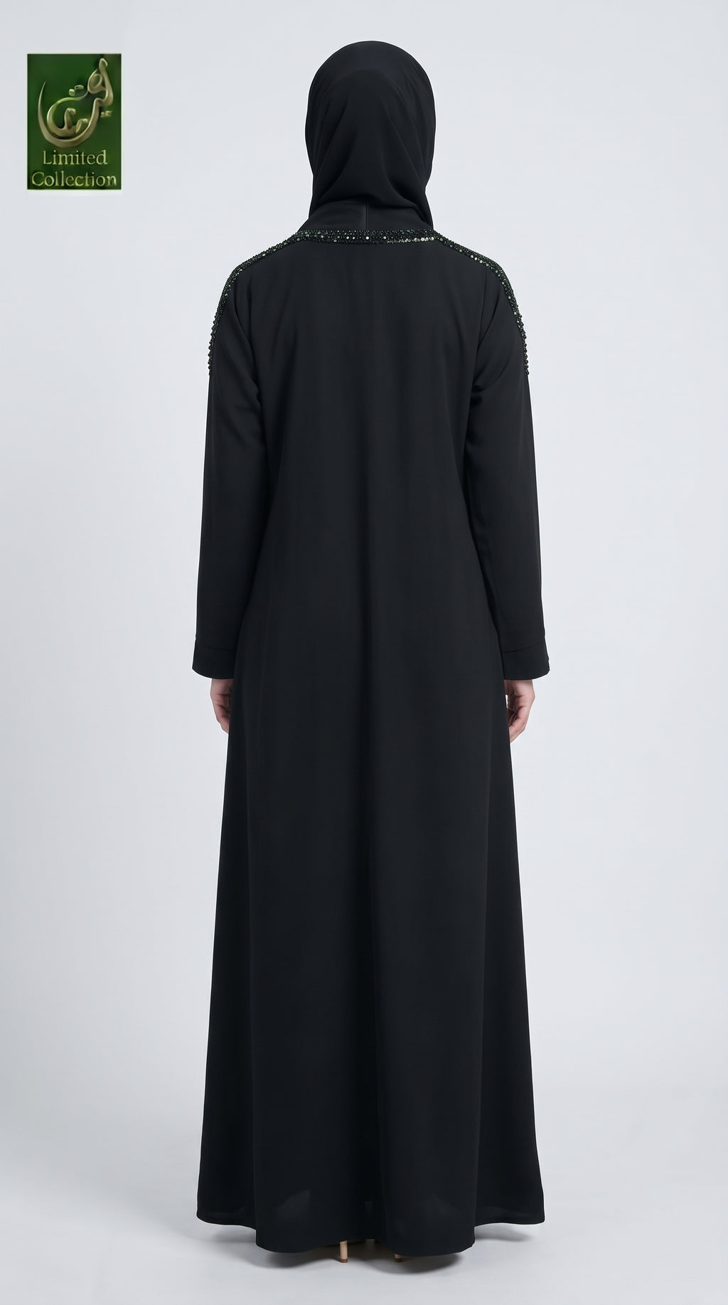 Front-Open Black Abaya with Cutdana Handwork | Premium Nida Handcrafted Cutdana Black Abaya