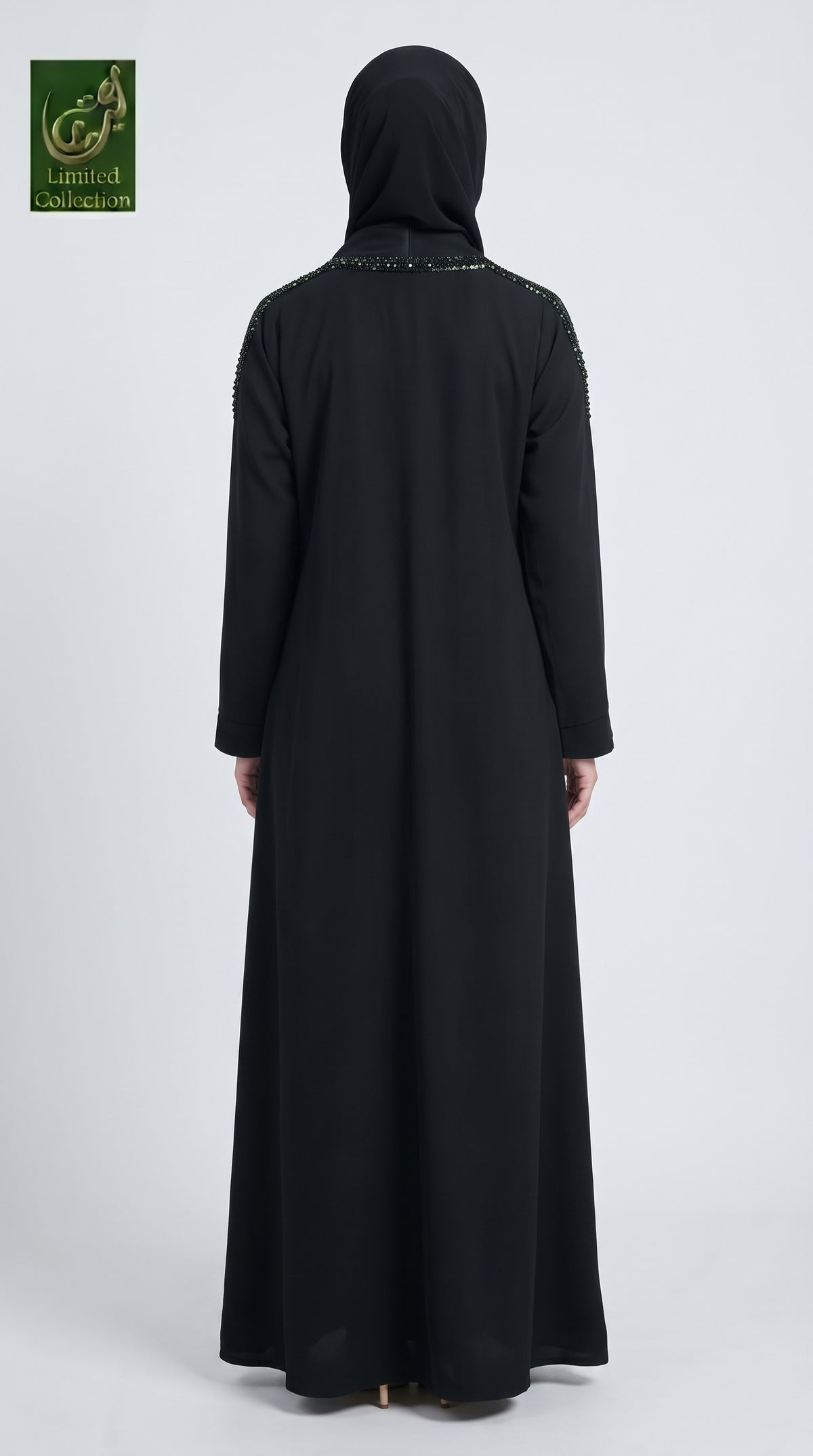 Front-Open Black Abaya with Cutdana Handwork | Premium Nida Handcrafted Cutdana Black Abaya