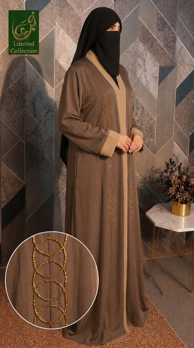 Front-Open Contrast Handwork Abaya | Premium Romantic Nida Abaya with Cutdana Embellishment