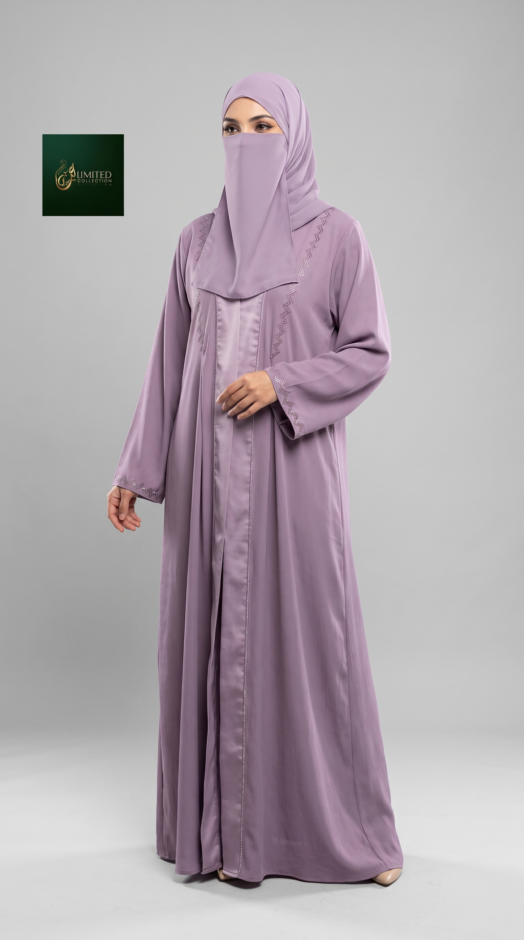Front-Open Dubai Style Zip Abaya with Cutdana Handwork | Premium Romantic Nida Zigzag Cutdana Abaya