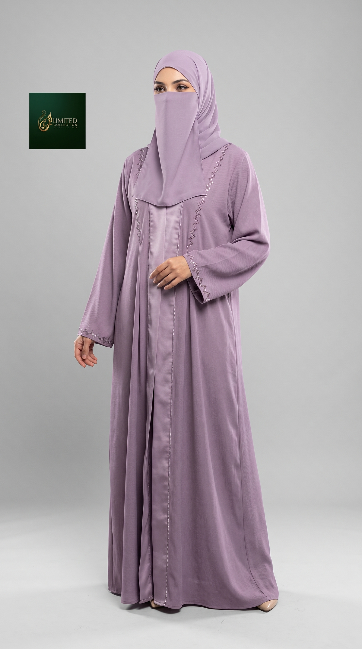 Front-Open Dubai Style Zip Abaya with Cutdana Handwork | Premium Romantic Nida Zigzag Cutdana Abaya