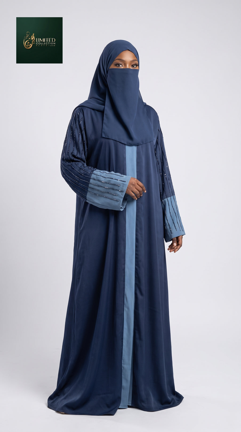 Front-Open Handcrafted Cutdana Contrast Abaya | Premium Romantic Nida Handwork Cutdana Abaya