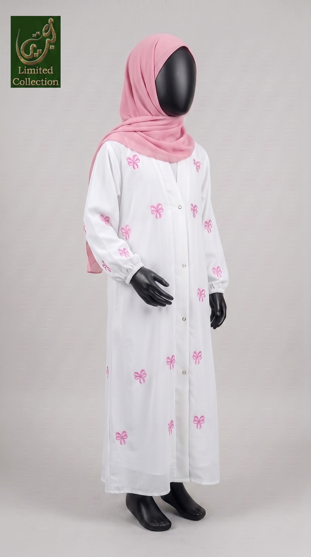 Kids Front-Open Embroidered Bow White Abaya | Premium Nida Embroidered Abaya For Kids