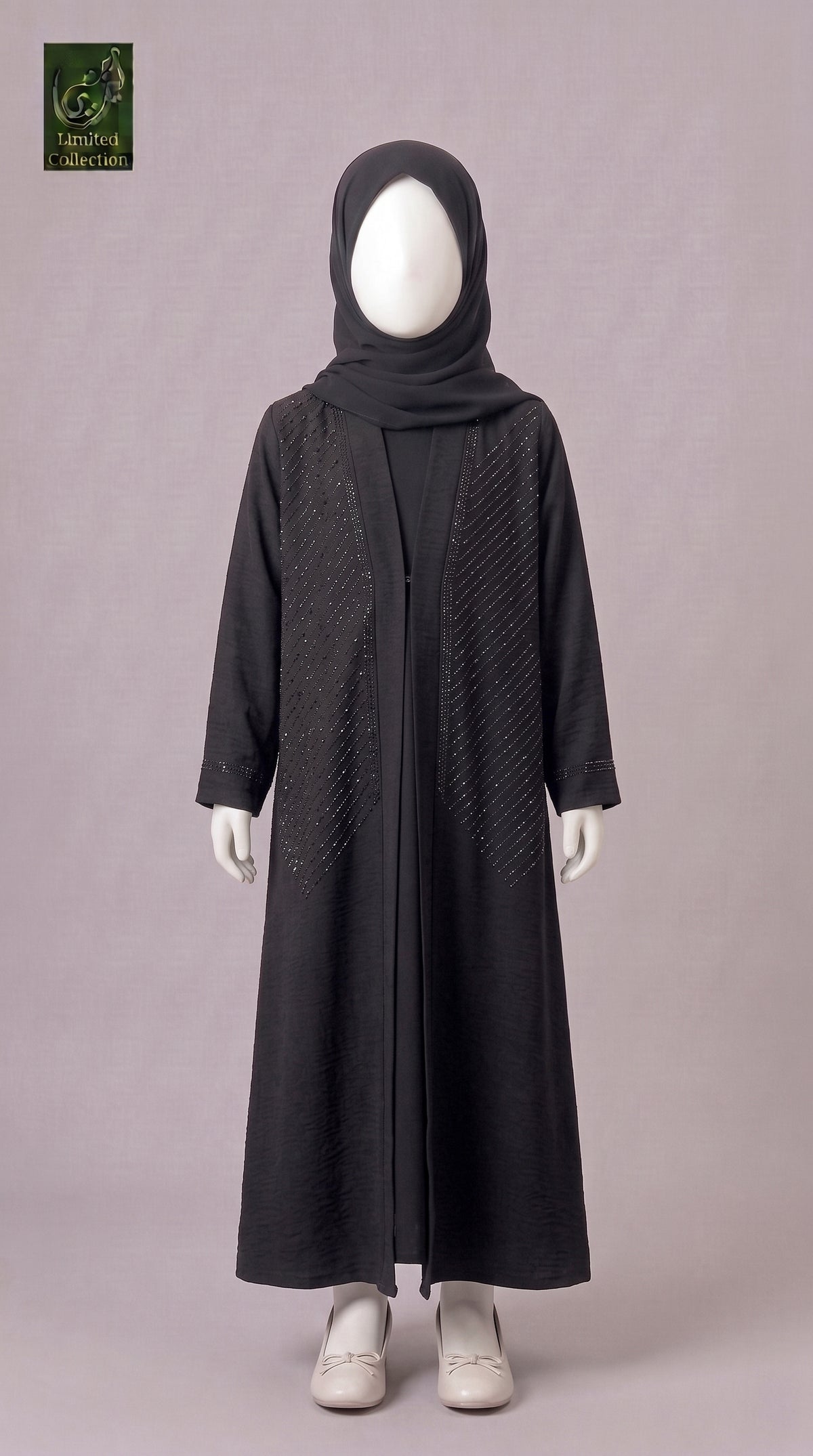 Kids Front-Open Sparkling Stonework Black Abaya | Premium Nida Kids Stone-Studded Black Abaya
