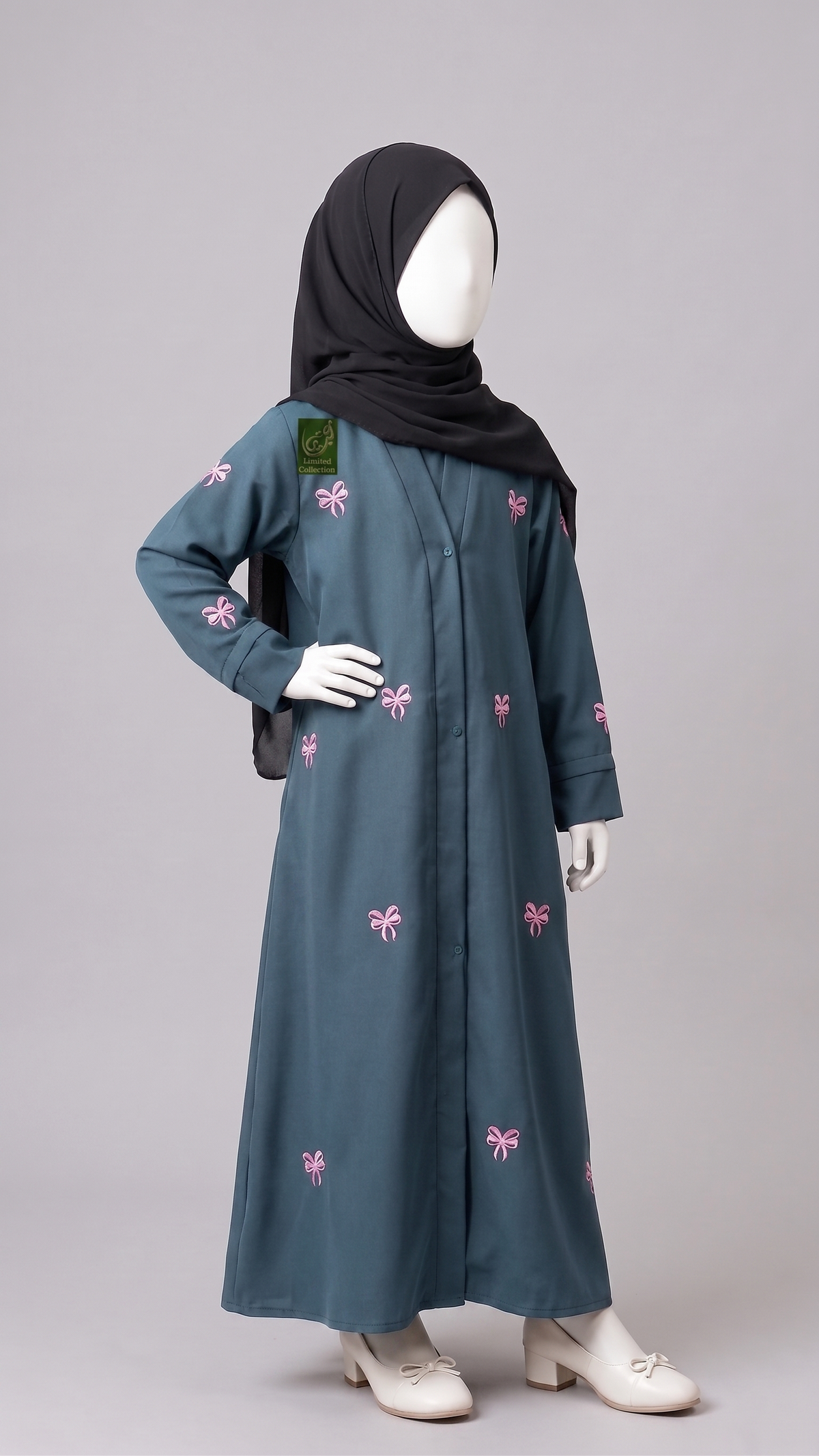 Kids Front-Open Bow Embroidered Abaya | Premium Nida Colorful Embroidered Abayas for Kids