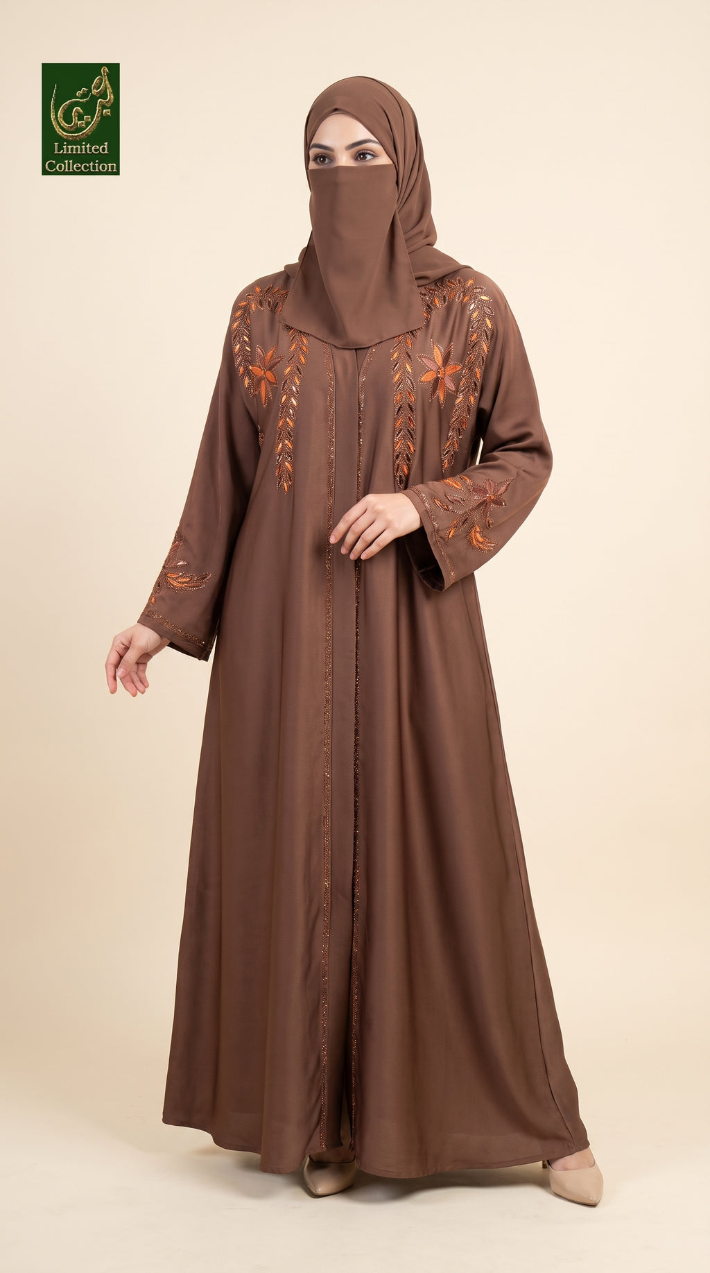 Front-Open Amber Bloom Stonework Embroidery Abaya | Premium Romantic Nida Embroidered Stone-Studded Abaya