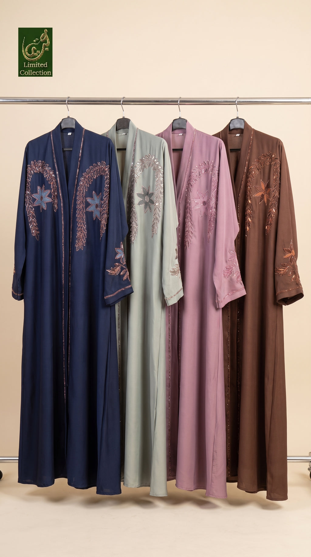 Front-Open Amber Bloom Stonework Embroidery Abaya | Premium Romantic Nida Embroidered Stone-Studded Abaya