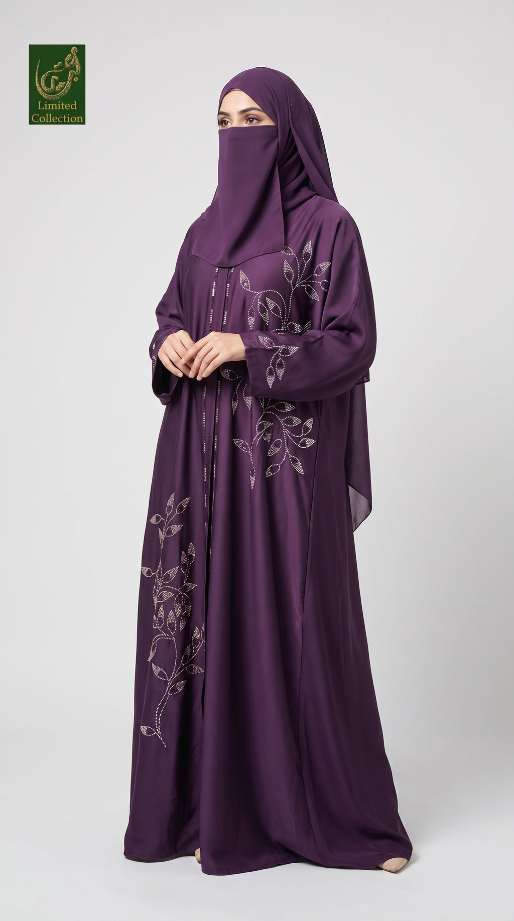 Front-Open Trailing Vine Stonework Embroidery Abaya | Premium Romantic Nida Embroidered Stonework Abaya