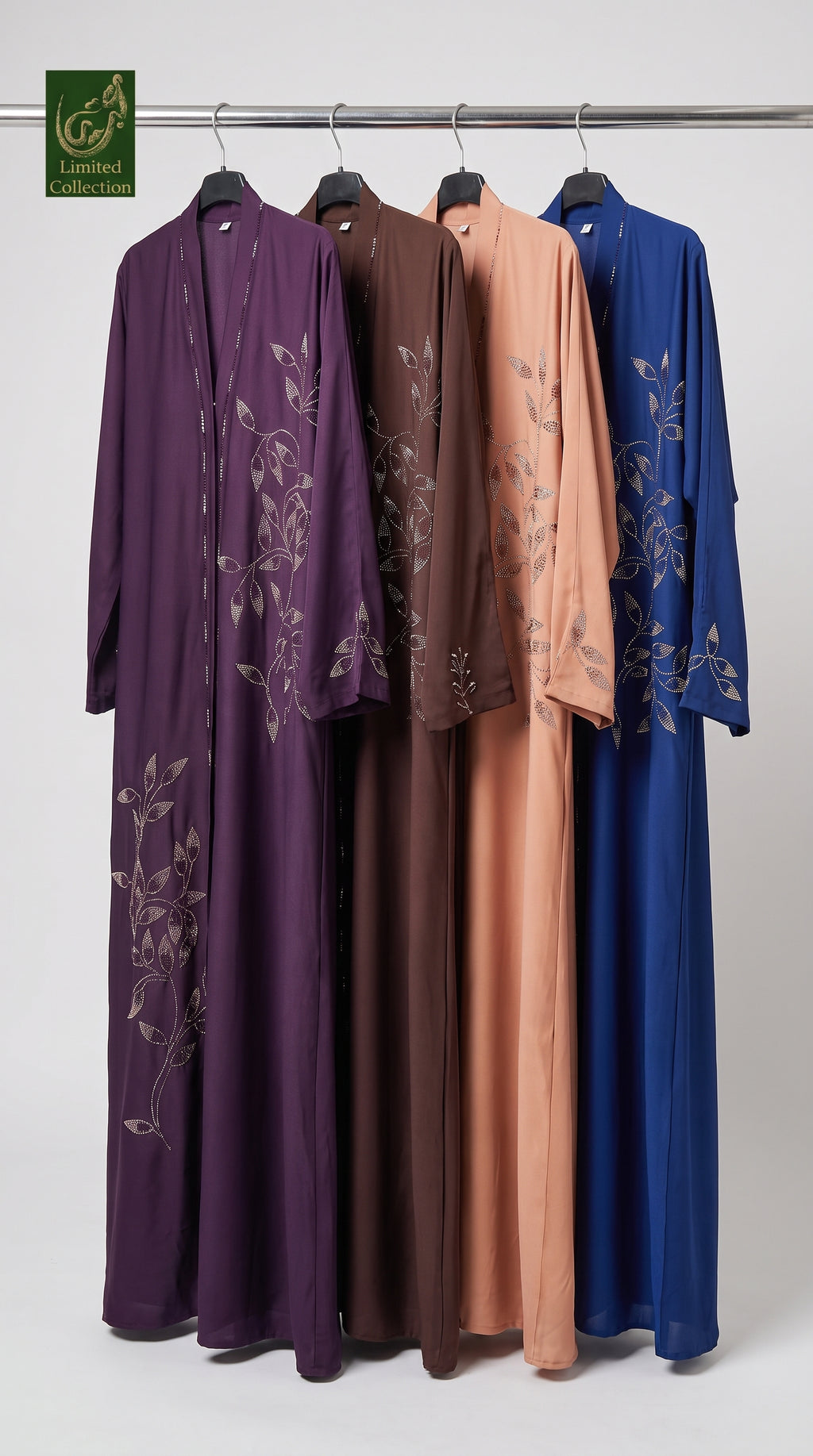 Front-Open Trailing Vine Stonework Embroidery Abaya | Premium Romantic Nida Embroidered Stonework Abaya