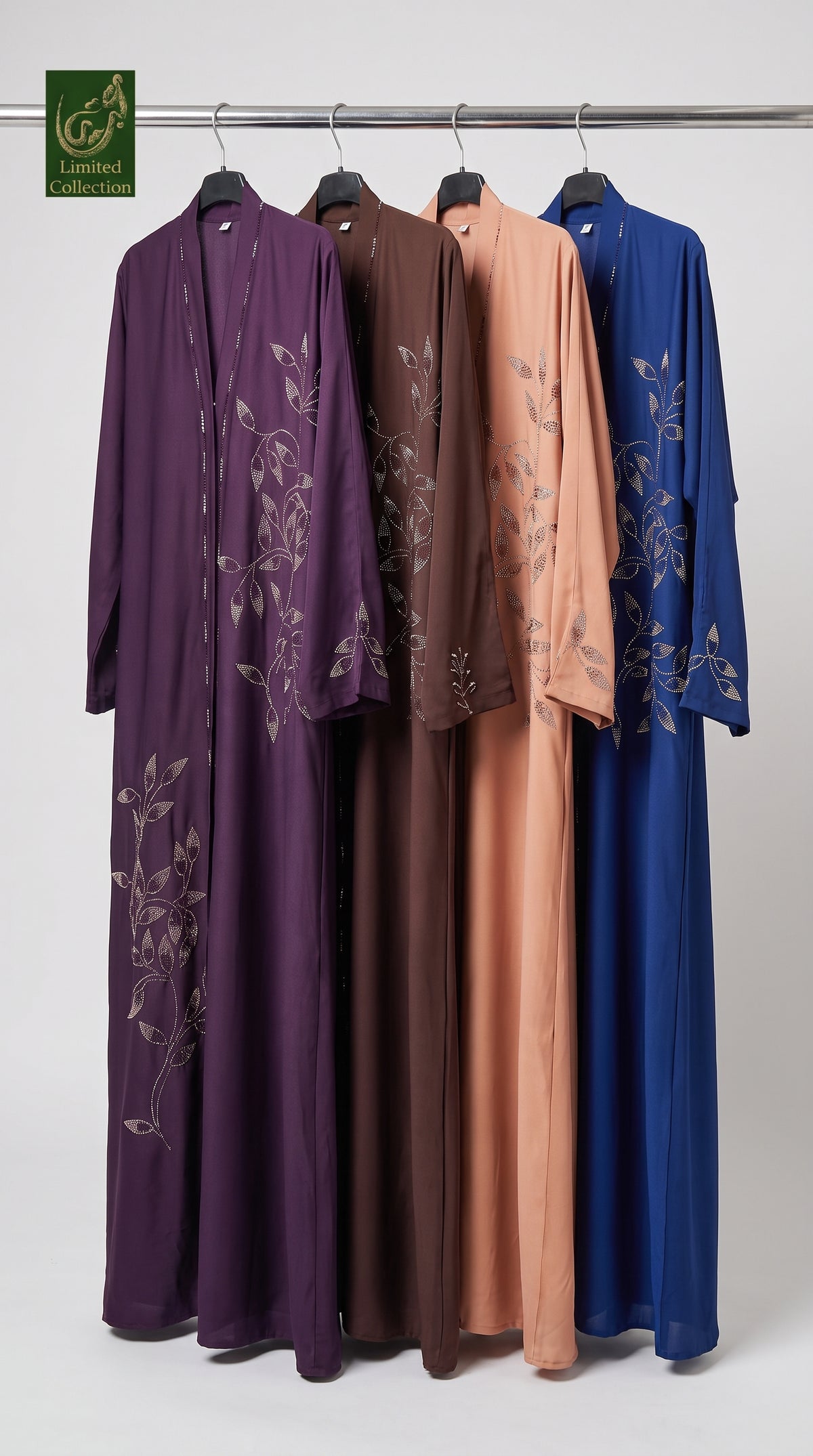 Front-Open Trailing Vine Stonework Embroidery Abaya | Premium Romantic Nida Embroidered Stonework Abaya