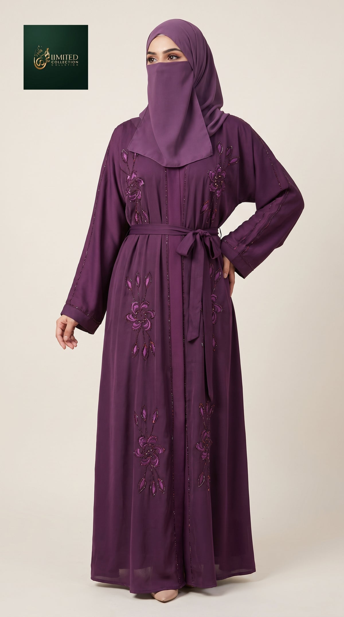 Front-Open Floral Motif Stone-Studded Embroidery Abaya | Premium Romantic Nida Stonework Embroidered Abaya