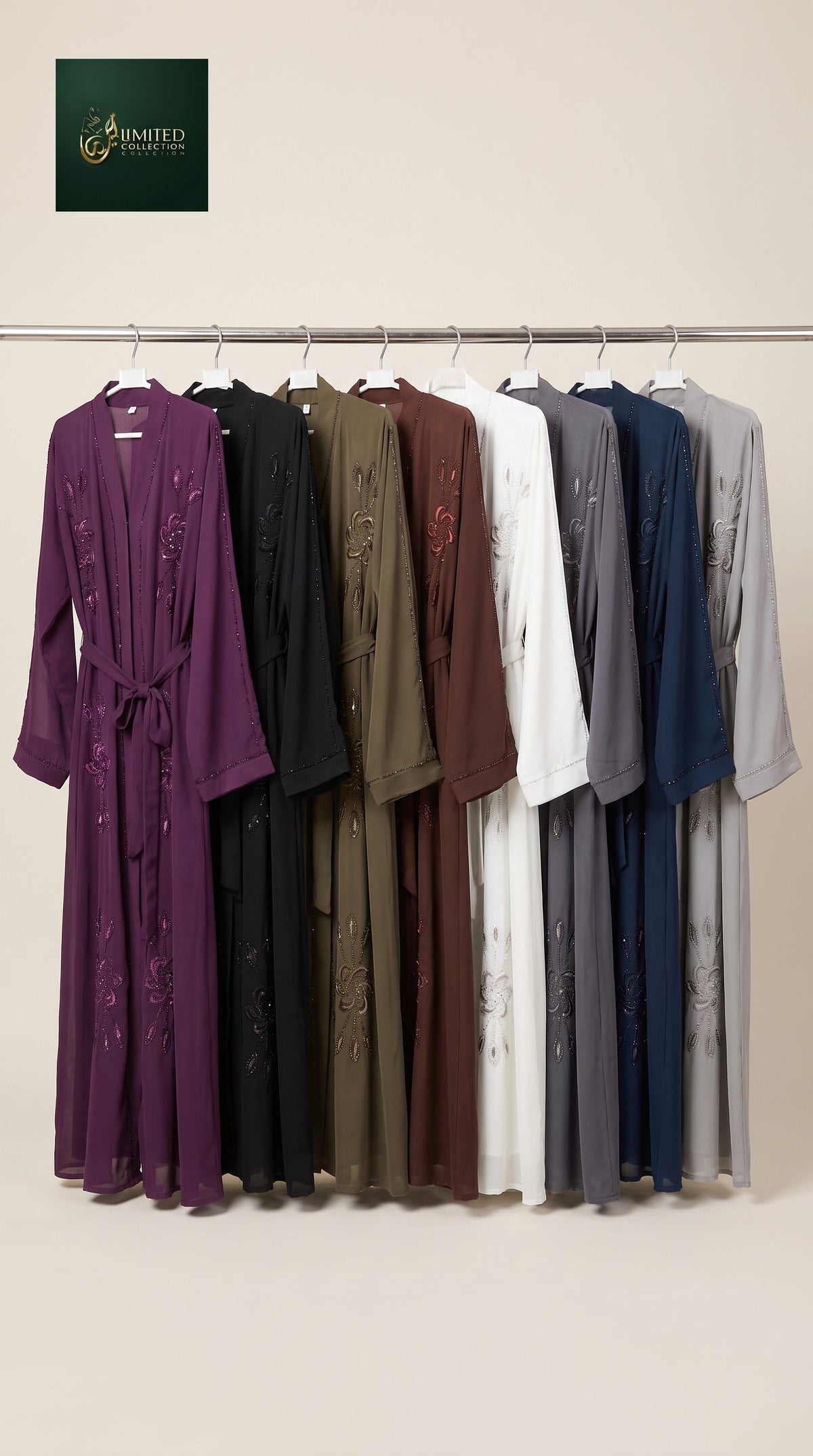 Front-Open Floral Motif Stone-Studded Embroidery Abaya | Premium Romantic Nida Stonework Embroidered Abaya