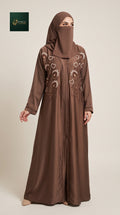 Front-Open Heart Floral Stonework Embroidery Abaya | Premium Romantic Nida Embroidered Stonework Abaya