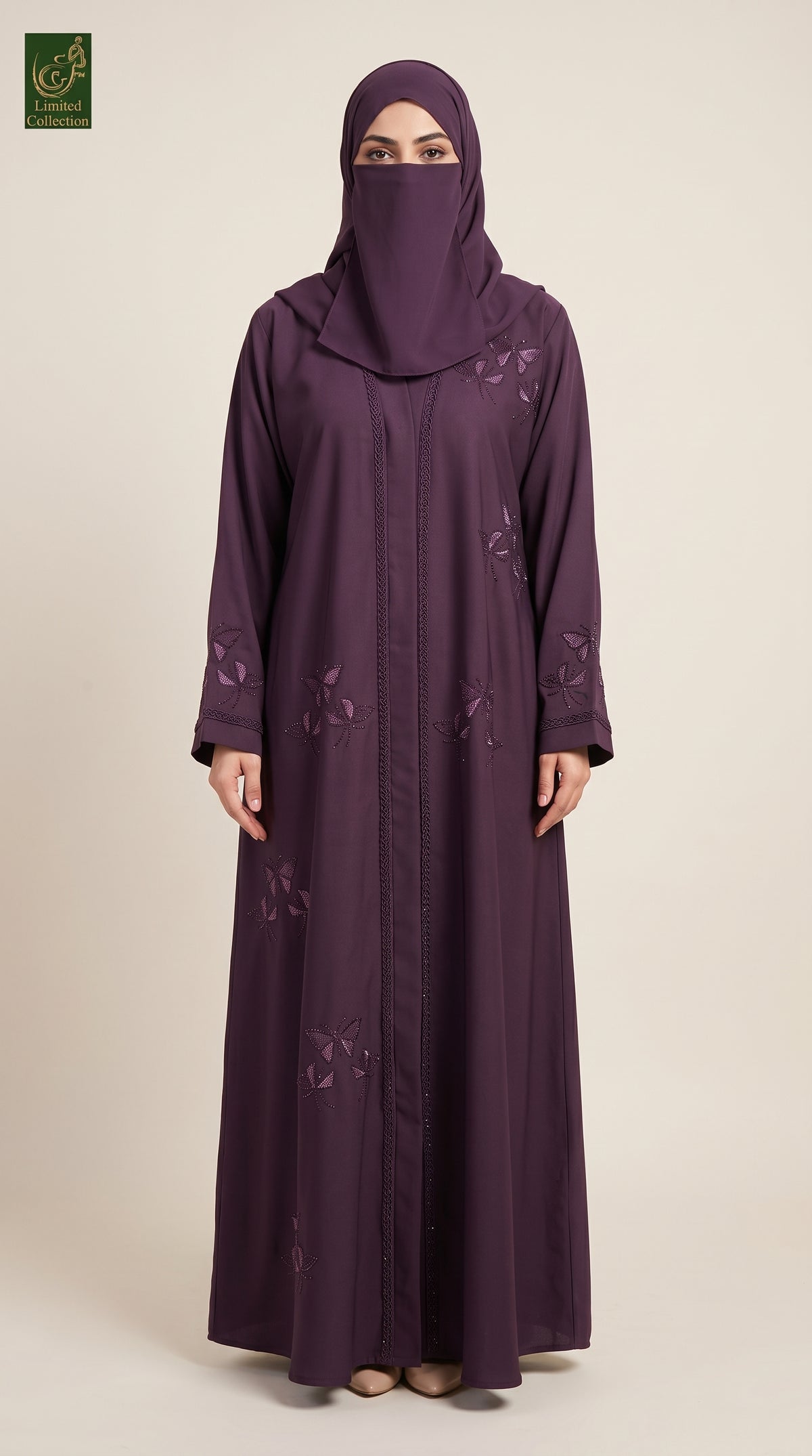Front-Open Embroidered Butterfly Trail Stonework Abaya | Premium Nida Embroidered Stone-Studded Abaya