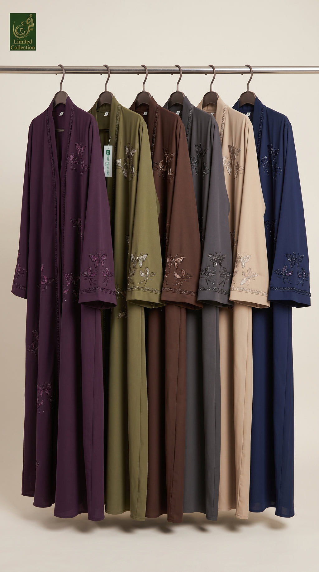 Front-Open Embroidered Butterfly Trail Stonework Abaya | Premium Nida Embroidered Stone-Studded Abaya