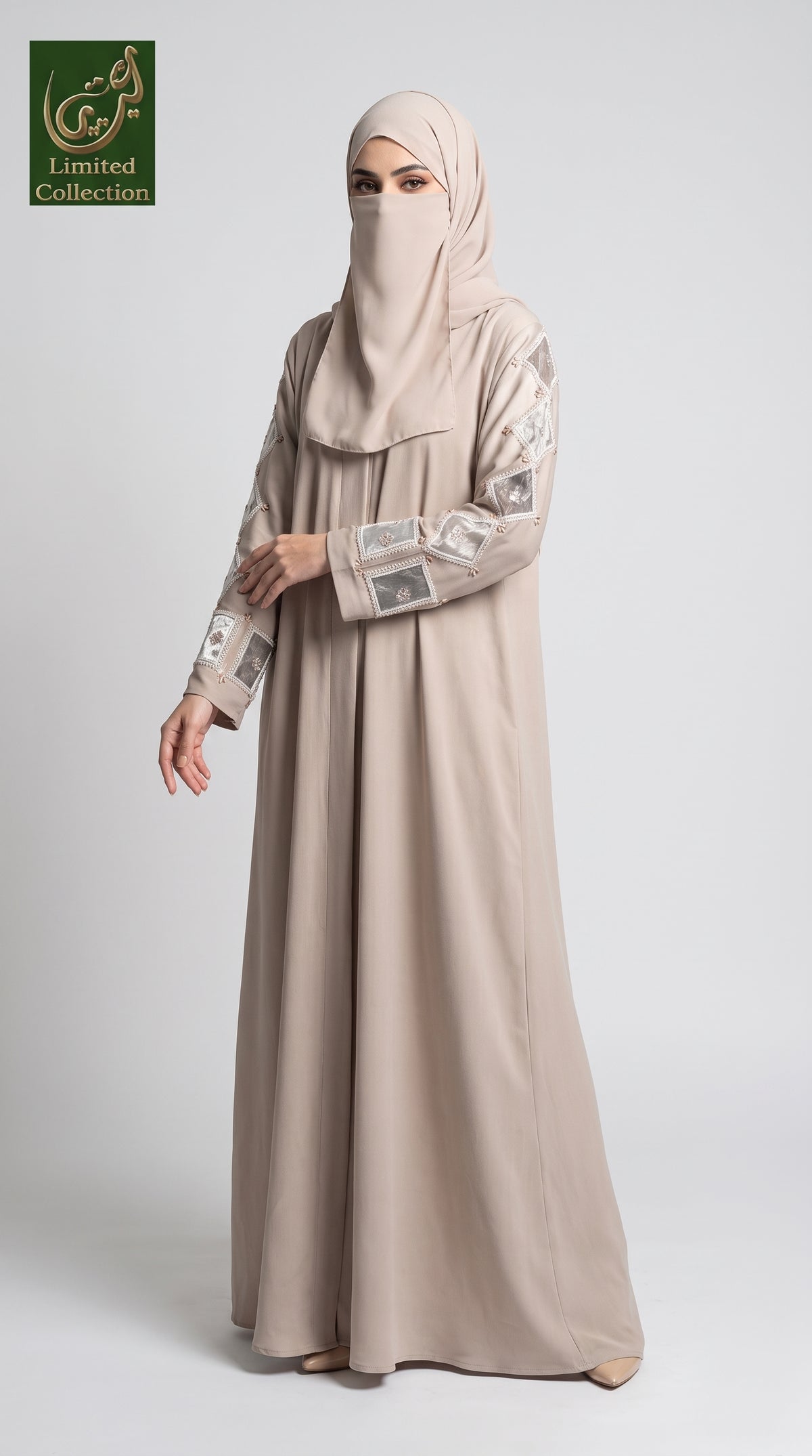 Front-Open Tissue Diamond Pattern Handmade Embellishment Abaya | Premium Romantic Nida Cutdana Abaya