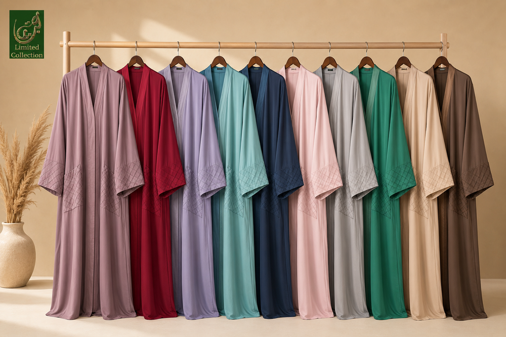 A row of long front open abaya with pintex pocketsin multiple colors hanging on a wooden rack against a warm beige wall. The robes include shades of mauve, burgundy, lavender, teal, navy, pink, light gray, emerald green, cream, and brown.