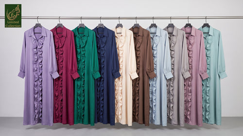 Frill-Front-Open Collar Style Abaya with Balloon Sleeves