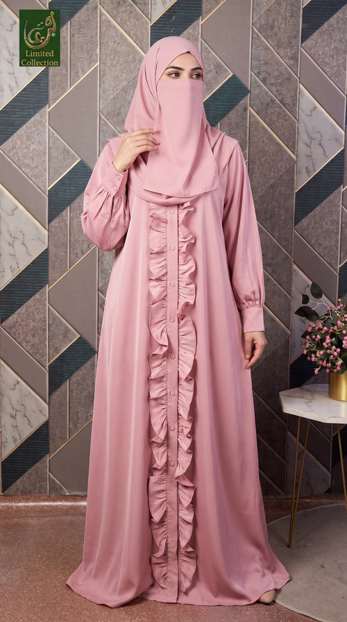 Frill-Front-Open Collar Style Abaya with Balloon Sleeves