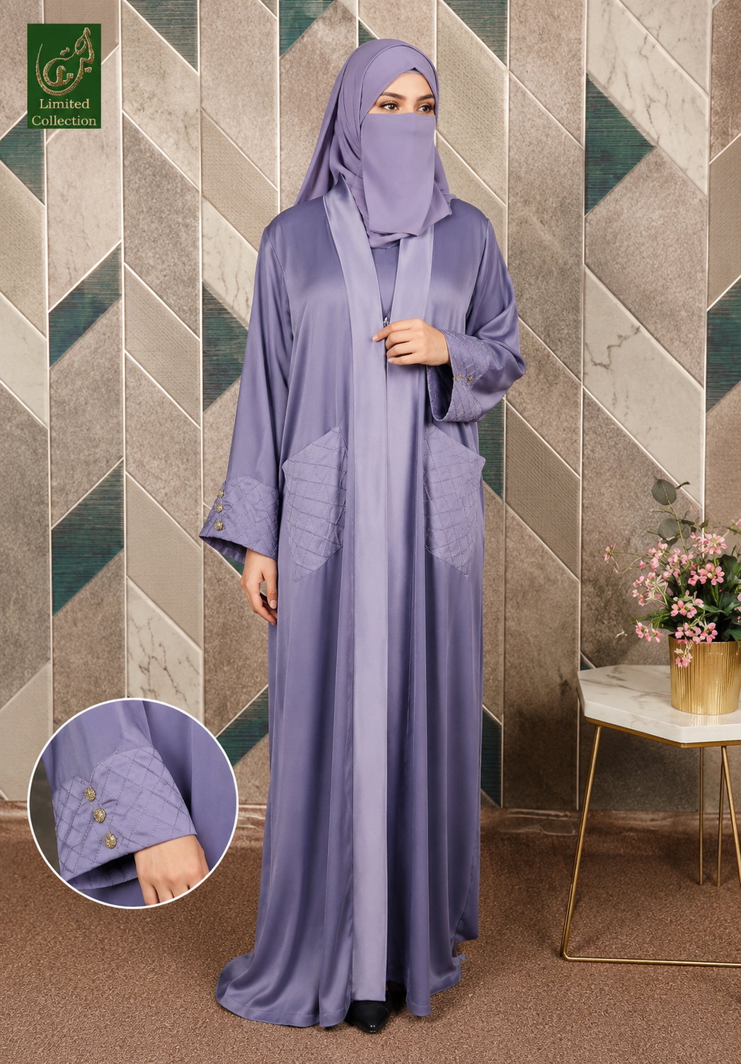 Front-Open Abaya with Front Pintex Pockets | Premium Romantic Nida