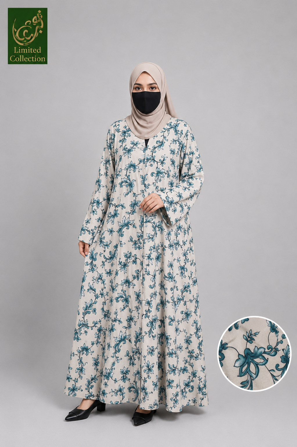 A woman modeling a long-sleeved Front open printed floral abaya with a blue floral pattern on a cream background, paired with a beige hijab and black face mask. A circular inset shows a close-up of the fabric pattern.