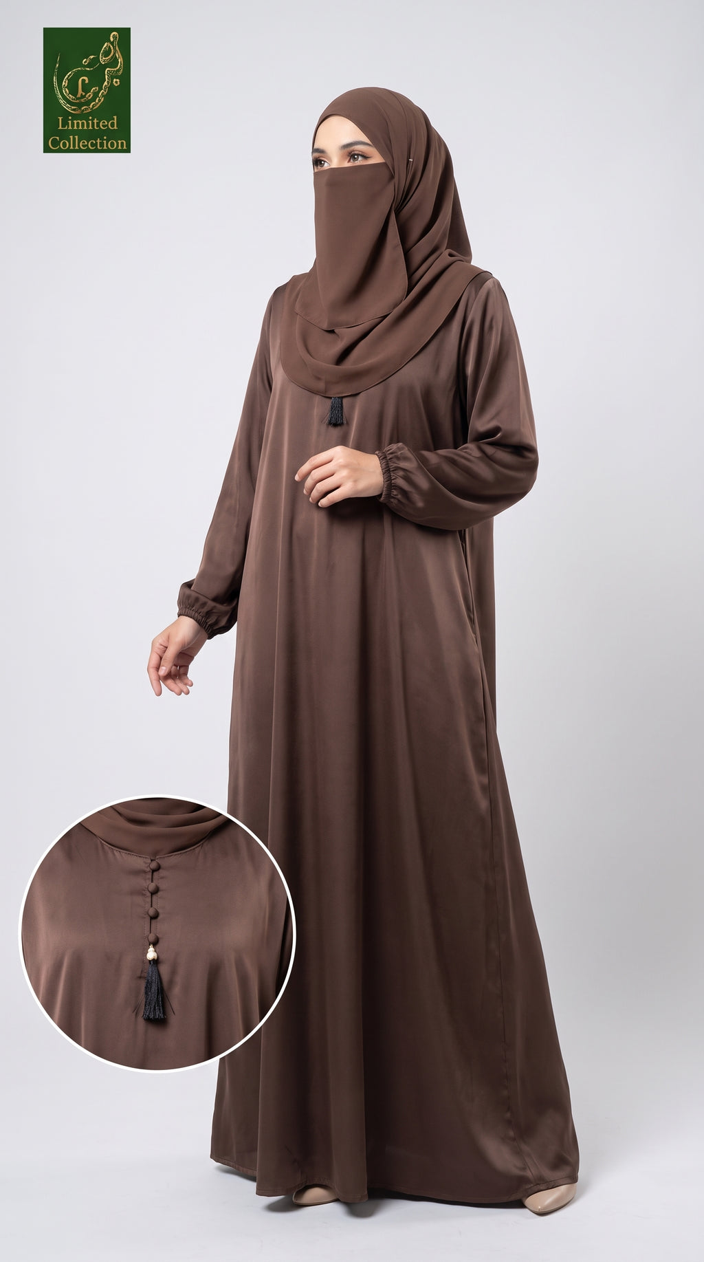 Front Open Pleated Kimono Abaya with Attached Inner & Crystal Buttons